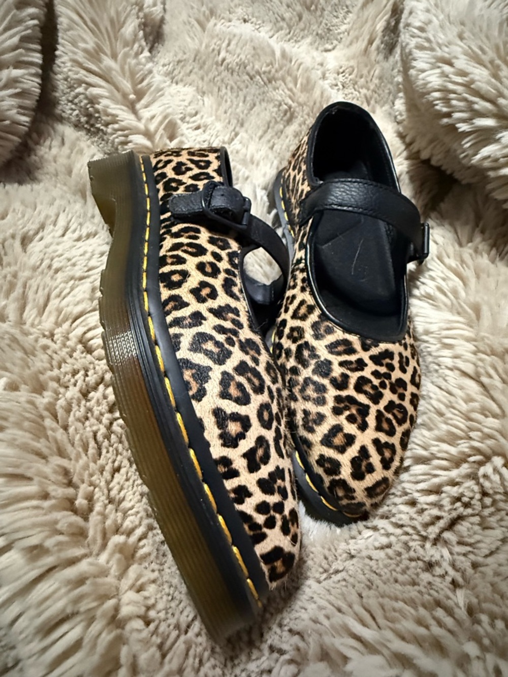 Dr. Martens Leopard Print Mary Jane Flats - Black Trim, Yellow Stitching